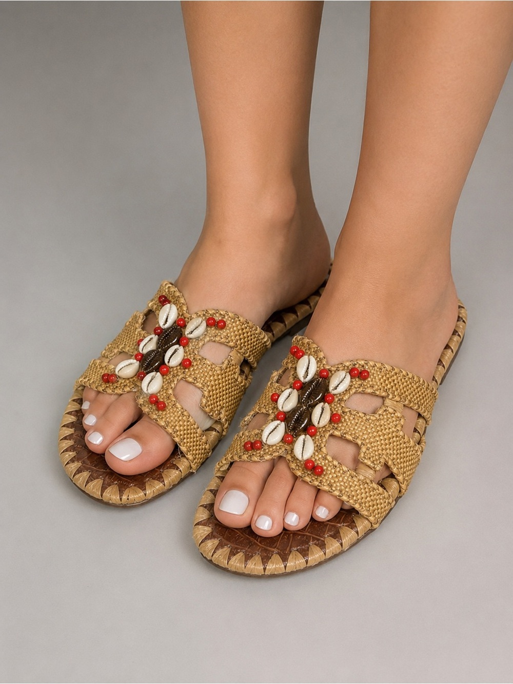 Sam Edelman Bradie Almond Raffia Beaded Shell Slide Sandals Women’s 7.5 Boho‎